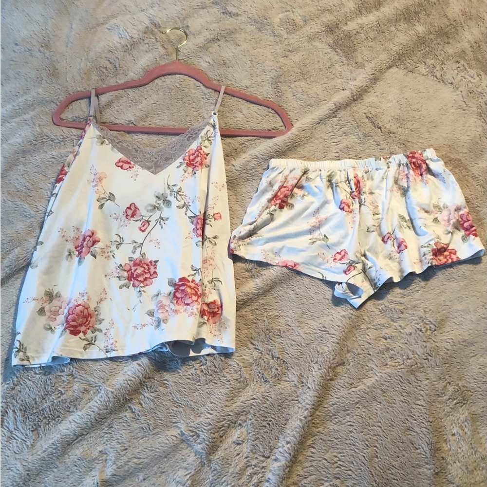 FLORA Women Small Grey Floral Printed Sleeveless V-Neck 2 Piece Pajama Set